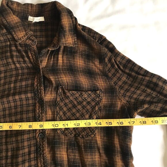 Maurices Womens Button Down Flannel Top S Brown Black Plaid Rayon Shirt Pocket - Picture 8 of 9